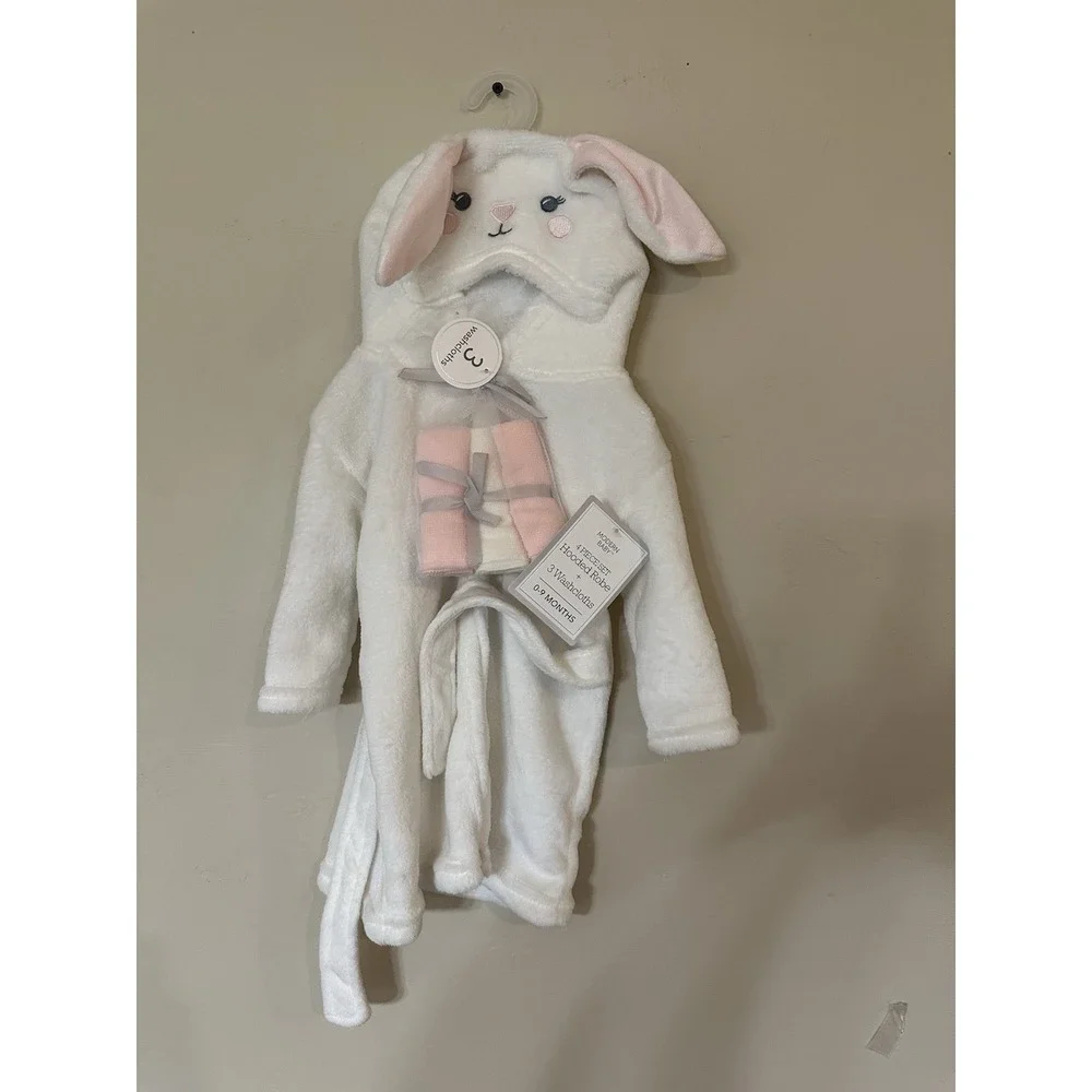 Modern Baby Hooded Towel & Washcloths Set 0-9 Months White Pink Novelty